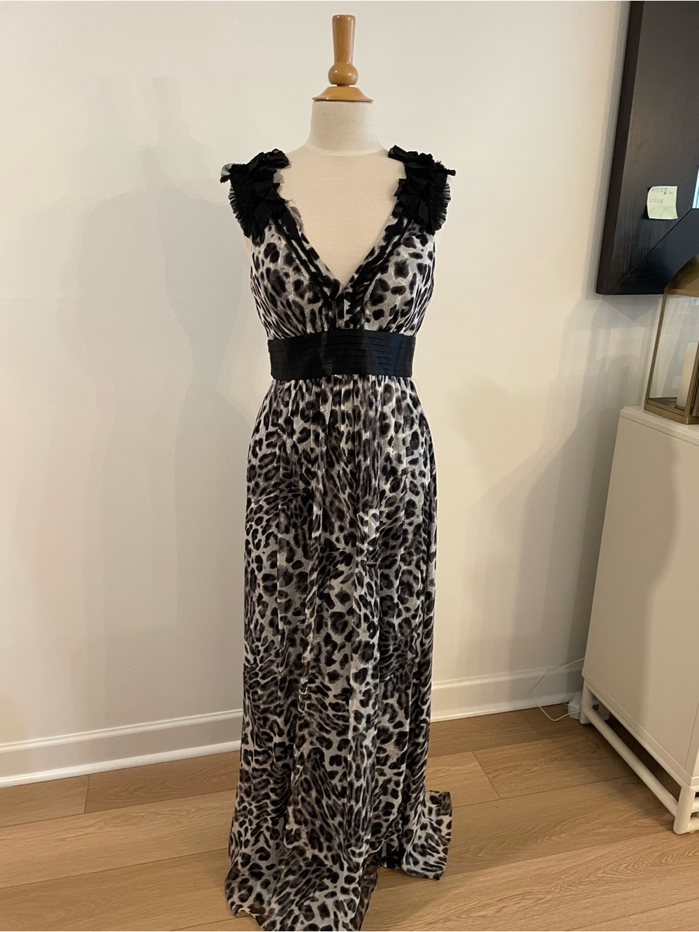 BCBGMaxAzria Black and White Leopard Print V-Neck Maxi